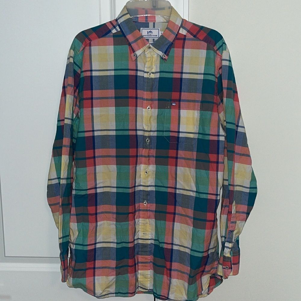 Southern Tide LS Tuna pink Green tone madras plaid tartan pocket men’s Shirt M